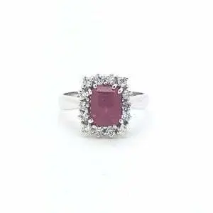 Anello oro bianco con rubino sintetico e diamanti