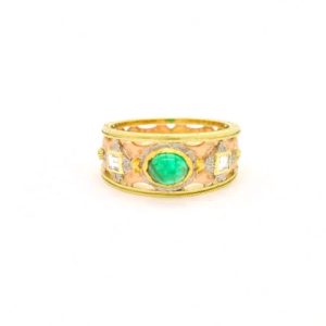 Anello in oro giallo e rosa con smeraldo ct 1 taglio cabochon e diamanti