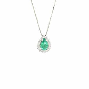 Collana in oro bianco con smeraldo Colombia Ct 0,75 e diamanti