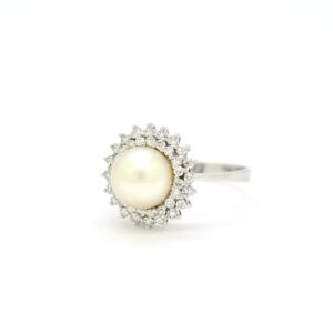 Anello in oro bianco con perla e diamanti doppio giro - immagine 3