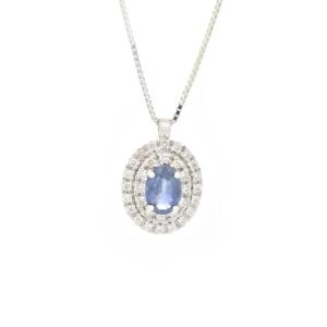 Collana  in oro bianco con zaffiro ct 0,54 taglio ovale e diamanti