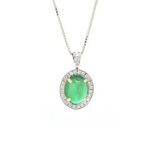 Collana in oro bianco con smeraldo cabochon ct 1,78 e diamanti